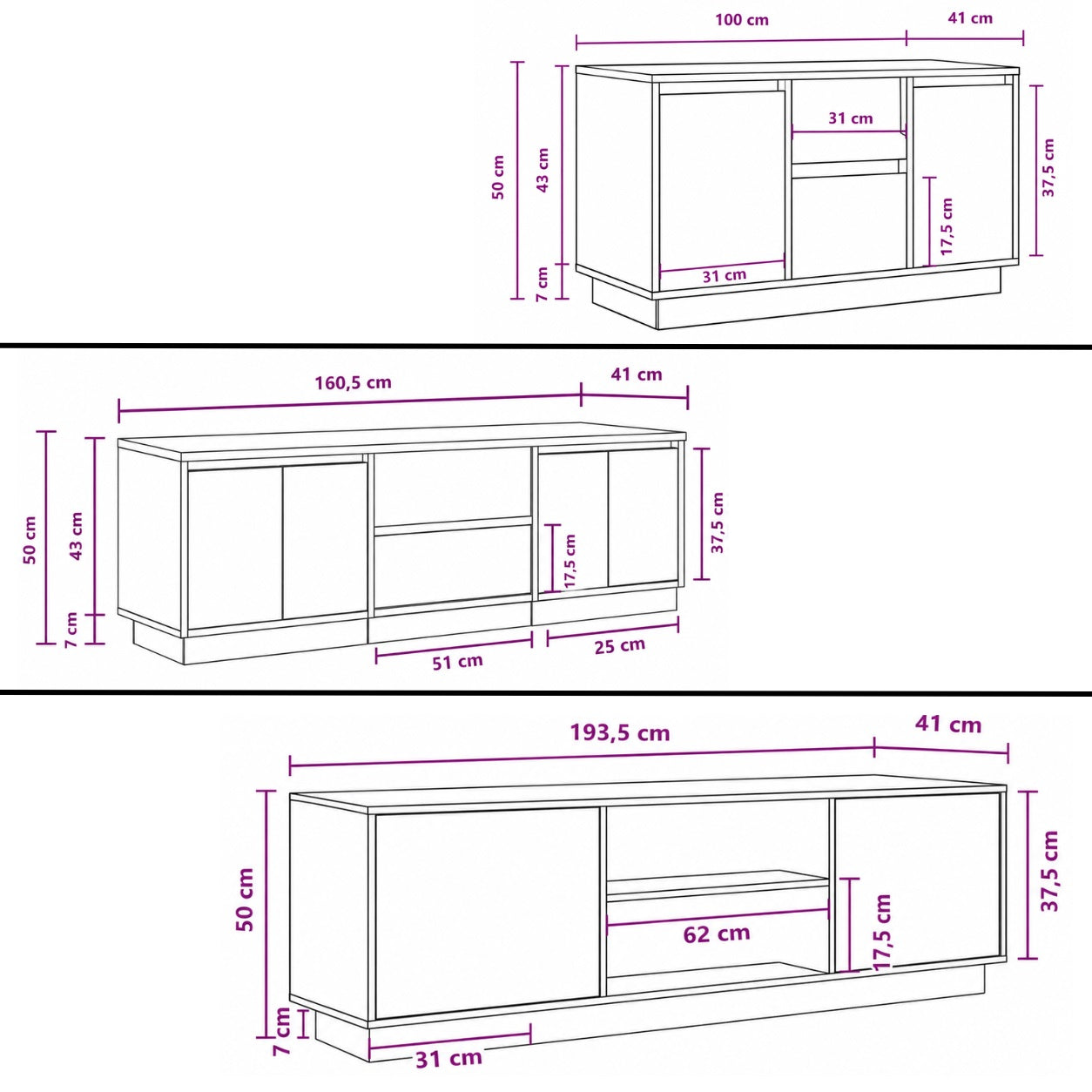 Dimensions meuble tv bois avec rangement disponibles en plusieurs tailles pour salon moderne