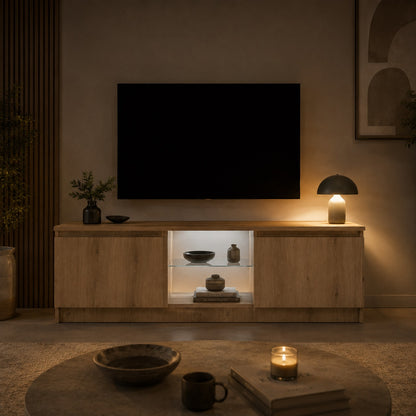 Meuble tv en bois moderne avec rangement fermé et niche éclairée pour salon contemporain élégant
