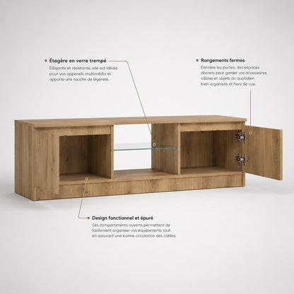 Meuble tv en bois moderne avec rangement fermé, étagère en verre et design fonctionnel épuré