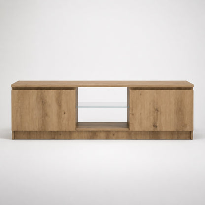 Meuble tv en bois avec rangement spacieux et étagère centrale en verre design moderne minimaliste