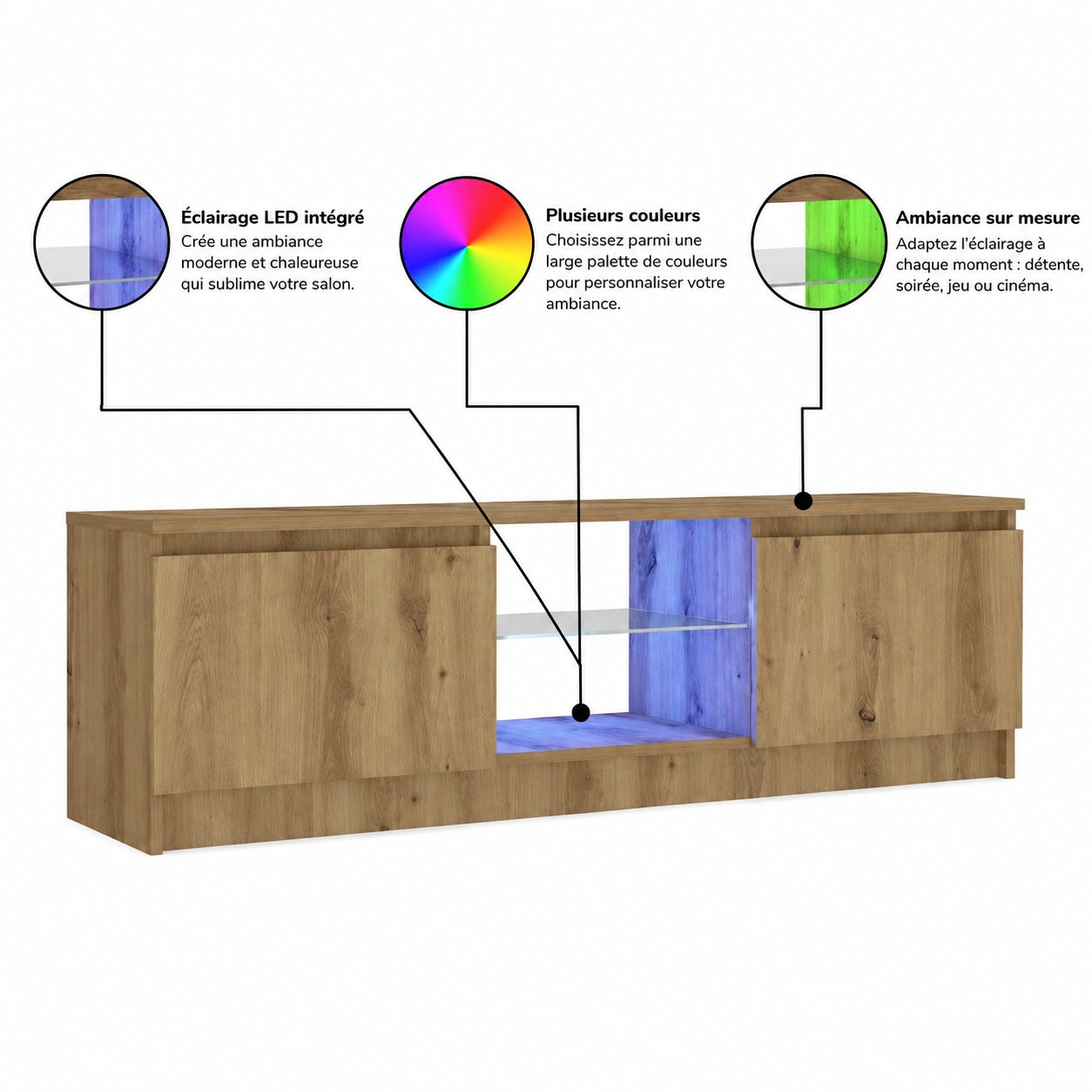 Meuble tv en bois moderne avec rangement et éclairage LED personnalisable style contemporain chêne