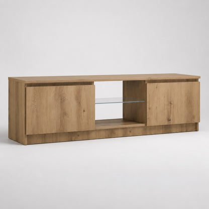 Meuble tv en bois moderne avec rangement fermé et étagère en verre au design minimaliste chêne artisanal