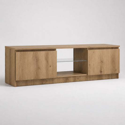 Meuble tv en bois moderne avec rangement fermé et étagère en verre au design minimaliste chêne artisanal