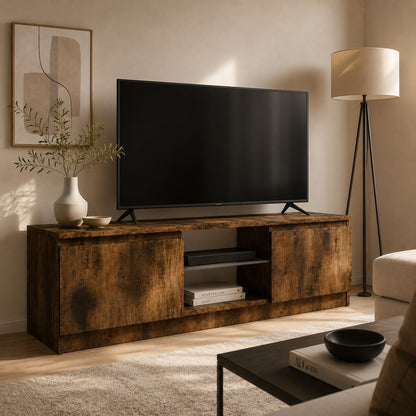 Meuble tv en bois foncé avec rangement fermé et étagère centrale pour salon moderne chaleureux
