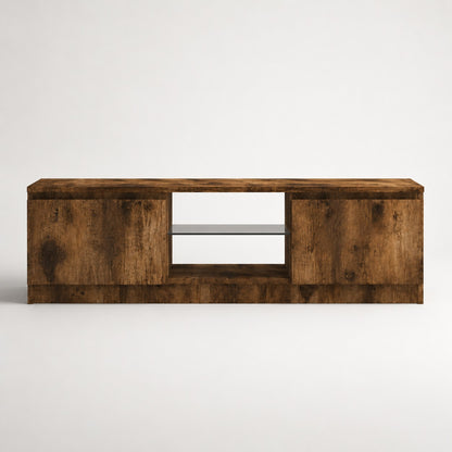 Meuble tv en bois avec rangement intégré et étagère en verre finition chêne fumé moderne
