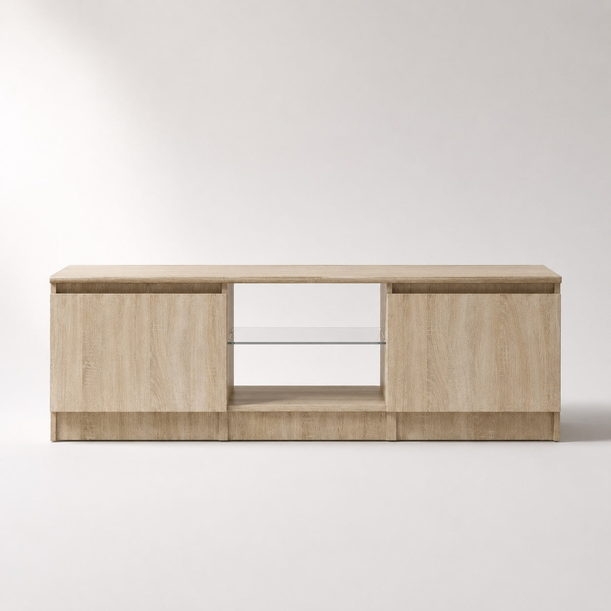 Meuble tv en bois clair avec rangement intégré et étagère centrale design minimaliste moderne