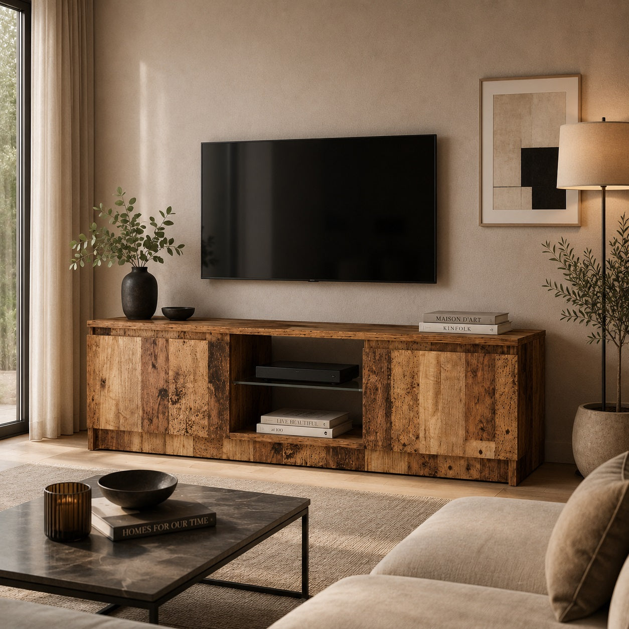Meuble tv en bois avec rangement spacieux et finition vieux bois dans salon contemporain élégant