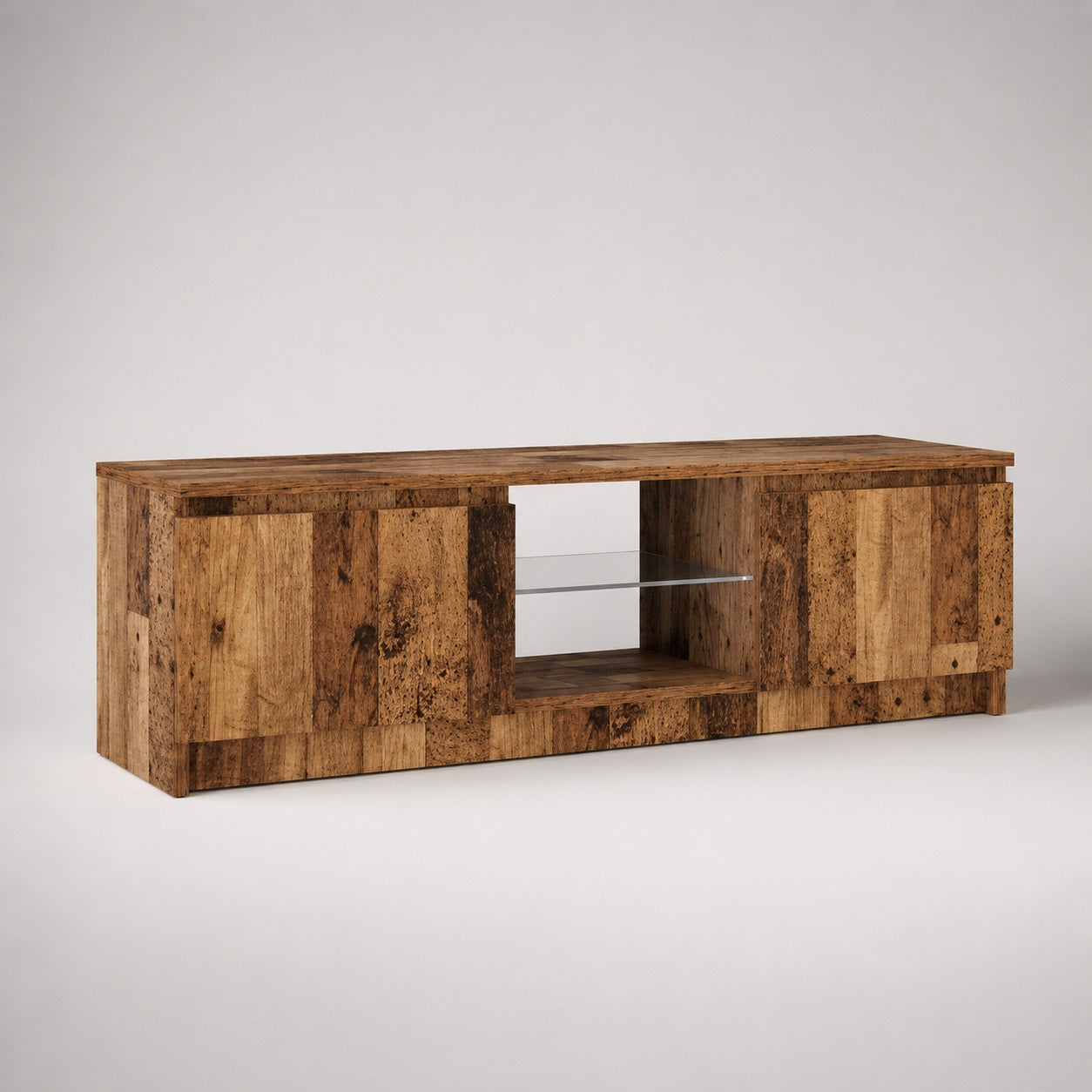 Meuble tv en bois vintage avec rangement fermé et finition effet vieux bois rustique moderne