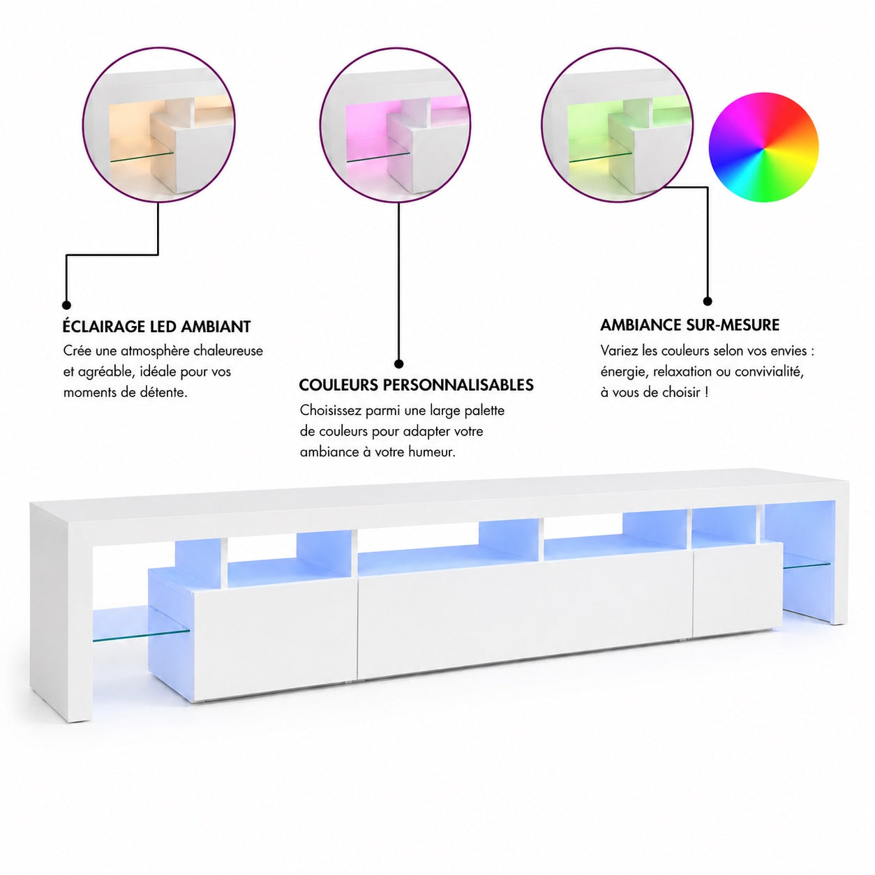 Meuble TV moderne avec rangement LED multicolore et finitions blanches brillantes