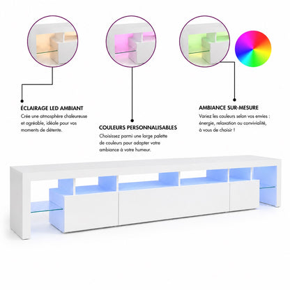 Meuble TV moderne avec rangement LED multicolore et finitions blanches brillantes