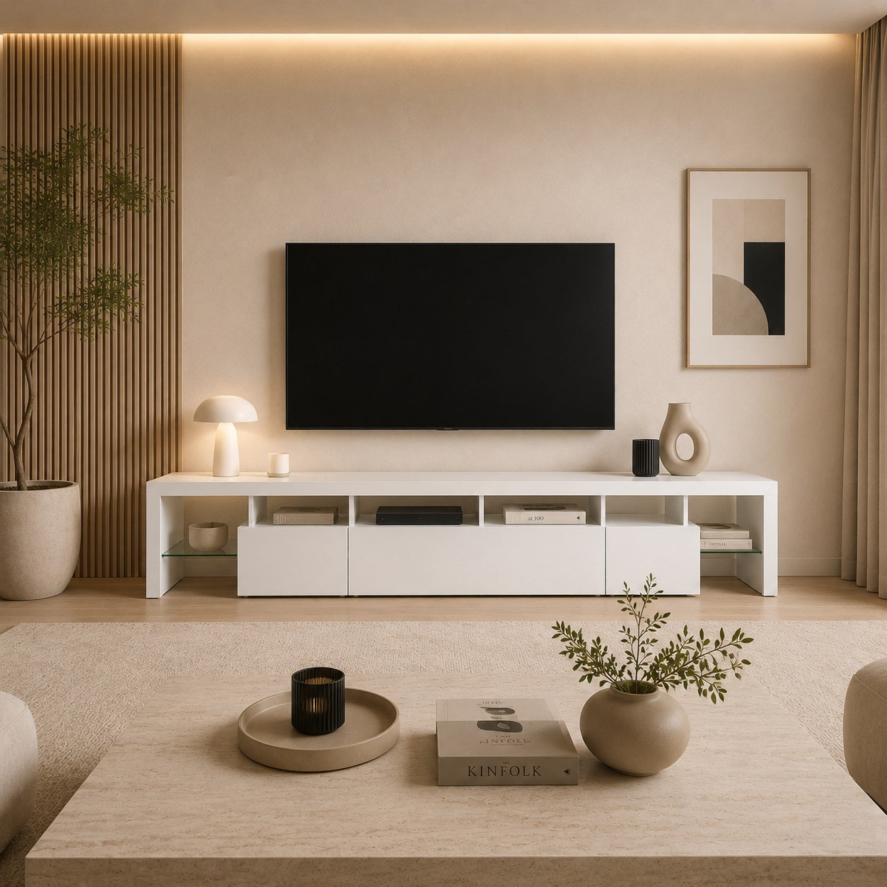 Meuble TV moderne avec rangement spacieux et design minimaliste blanc élégant