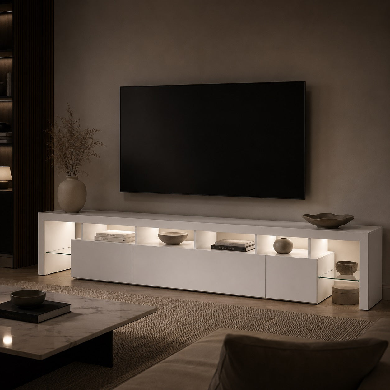Meuble TV moderne avec rangement LED blanc ambiance élégante et chaleureuse