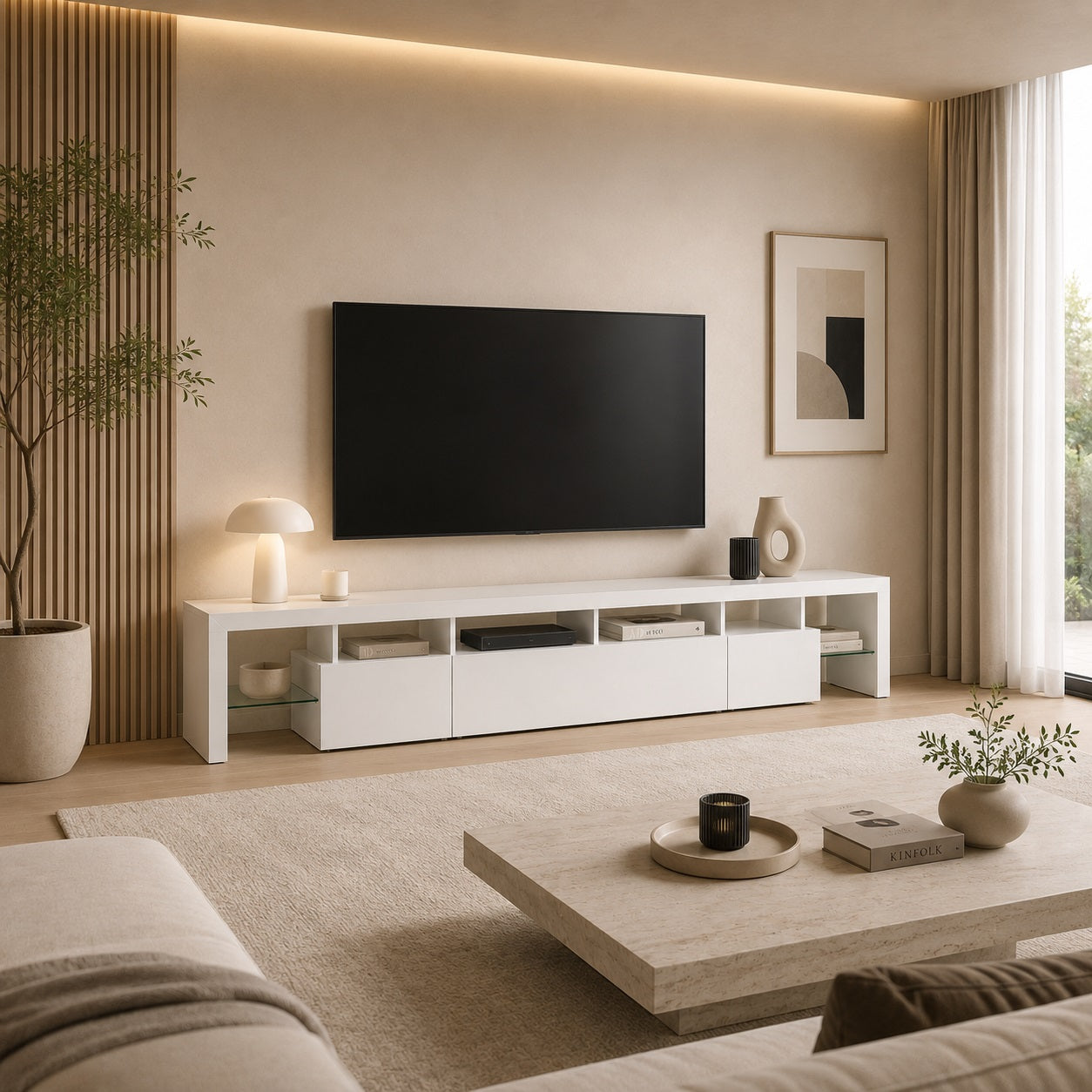 Meuble TV moderne avec rangement blanc dans un salon design et lumineux