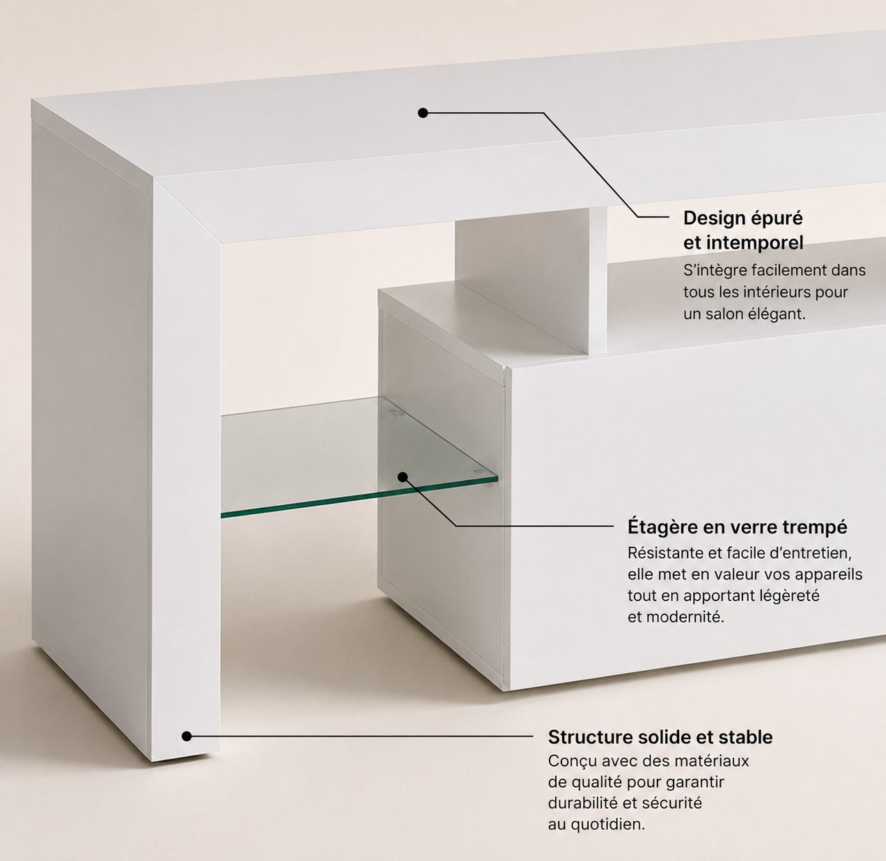 Meuble TV moderne avec rangement, étagère en verre trempé et design blanc minimaliste élégant