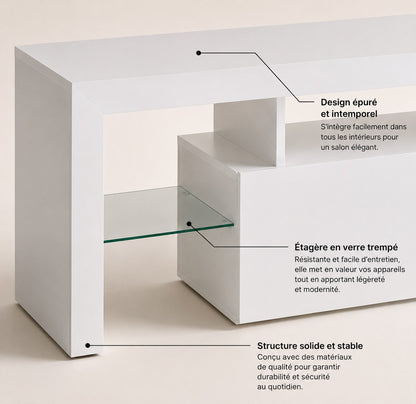 Meuble TV moderne avec rangement, étagère en verre trempé et design blanc minimaliste élégant