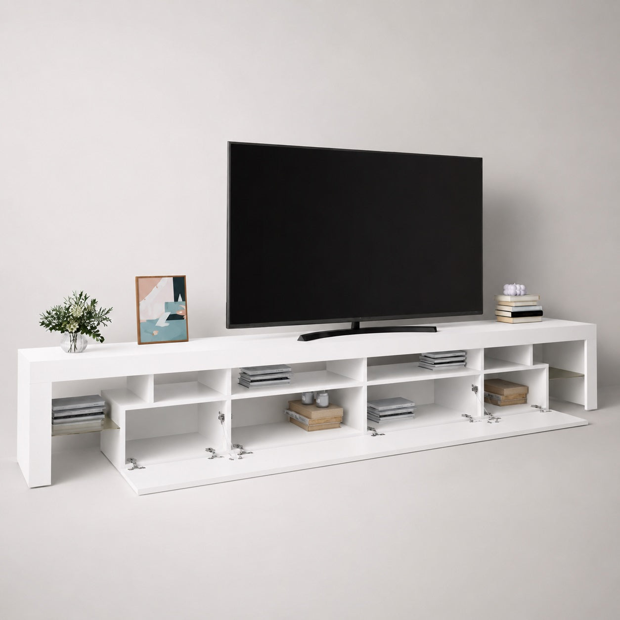 Meuble TV moderne avec rangement ouvert pour box, consoles et accessoires TV