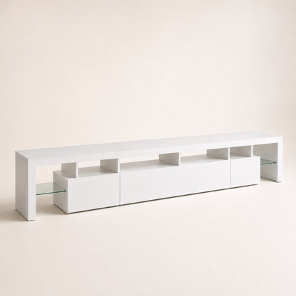 Meuble TV moderne blanc avec rangement et étagères en verre pour salon contemporain