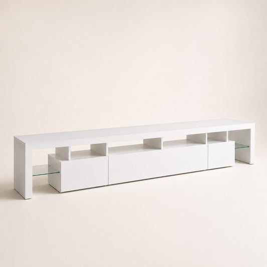 Meuble TV moderne blanc avec rangement et étagères en verre pour salon contemporain