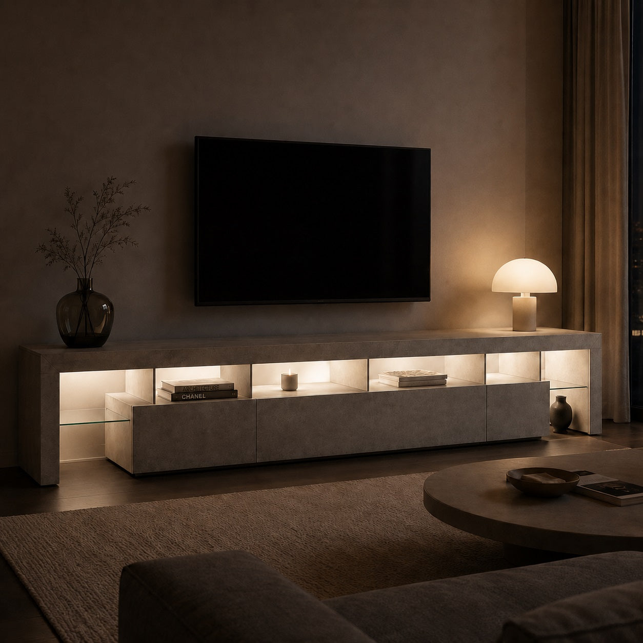 Meuble TV moderne avec rangement LED gris dans un salon élégant et chaleureux