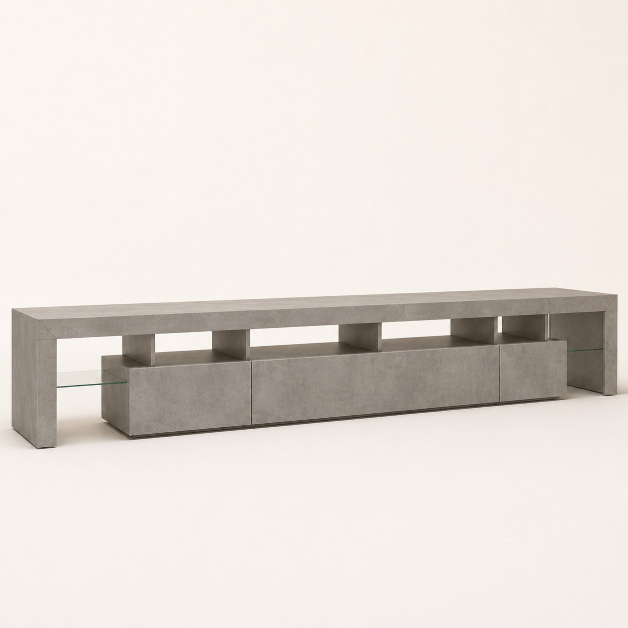 Meuble TV moderne gris avec rangement et étagères en verre design contemporain