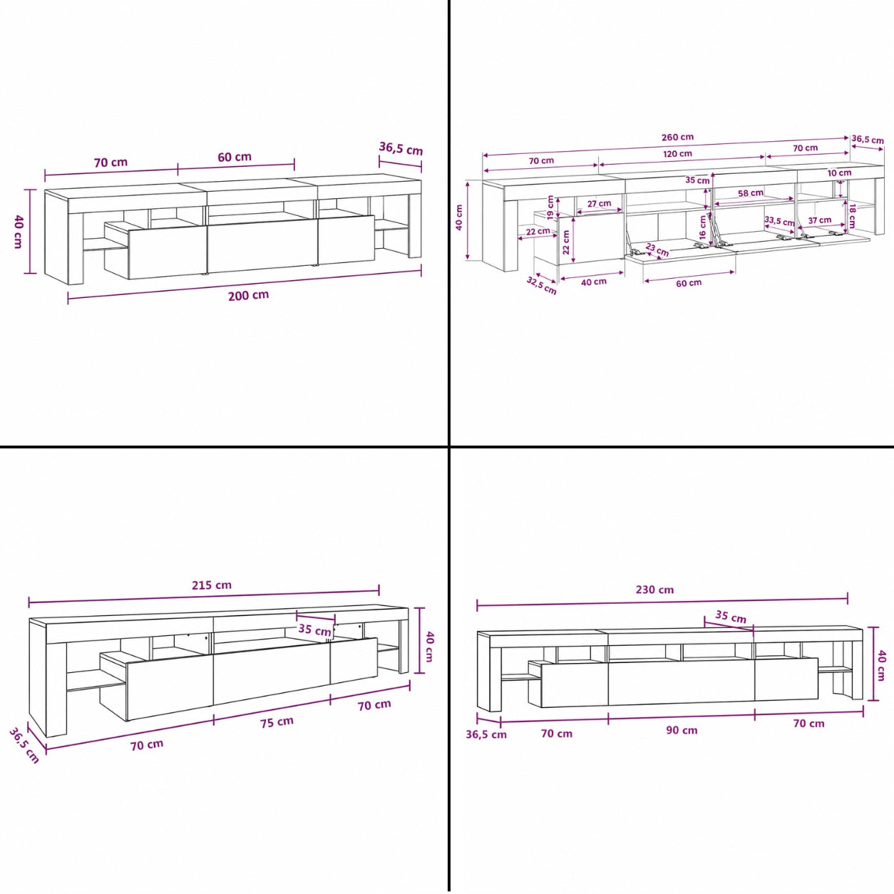 Dimensions meuble TV moderne avec rangement et grande capacité de stockage intégré