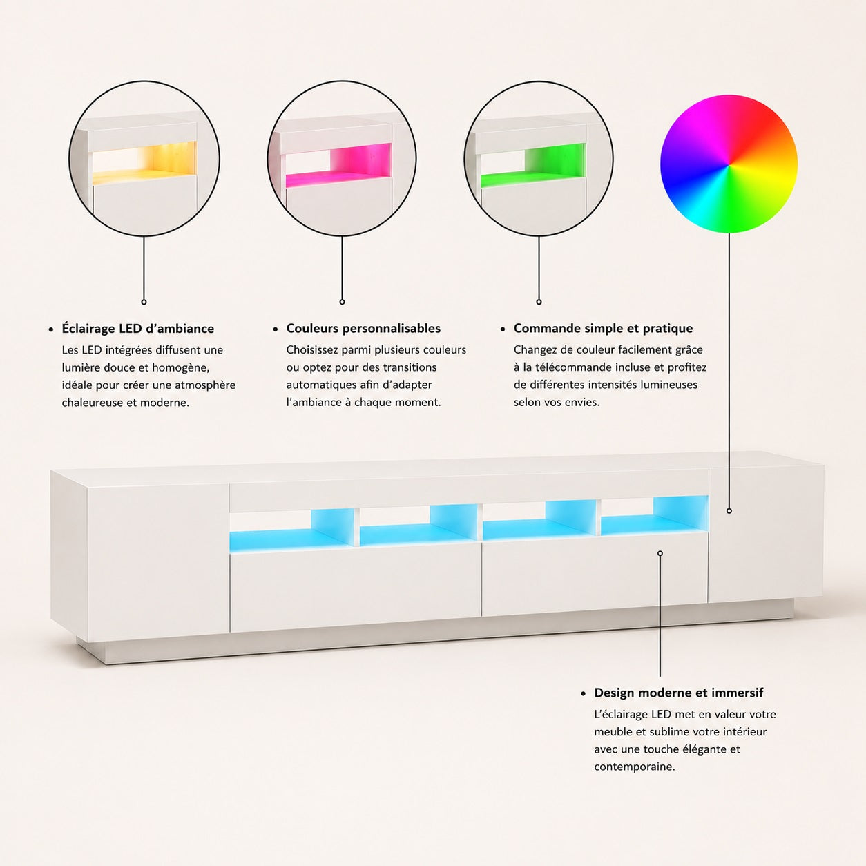 Meuble TV moderne avec LED RGB personnalisable, éclairage d’ambiance et design contemporain