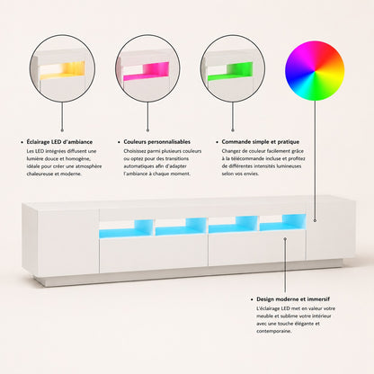 Meuble TV moderne avec LED RGB personnalisable, éclairage d’ambiance et design contemporain