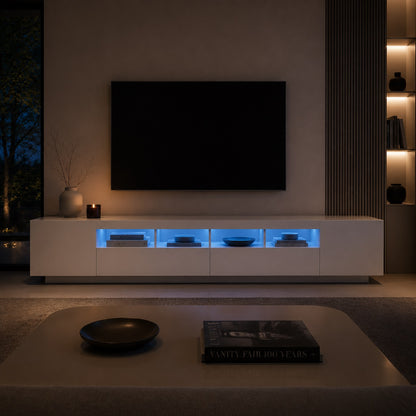 Meuble TV moderne blanc avec LED et niches décoratives pour une ambiance lumineuse raffinée