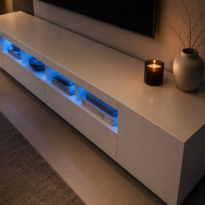 Vue plongeante d’un meuble TV moderne avec LED et rangements pour salon contemporain