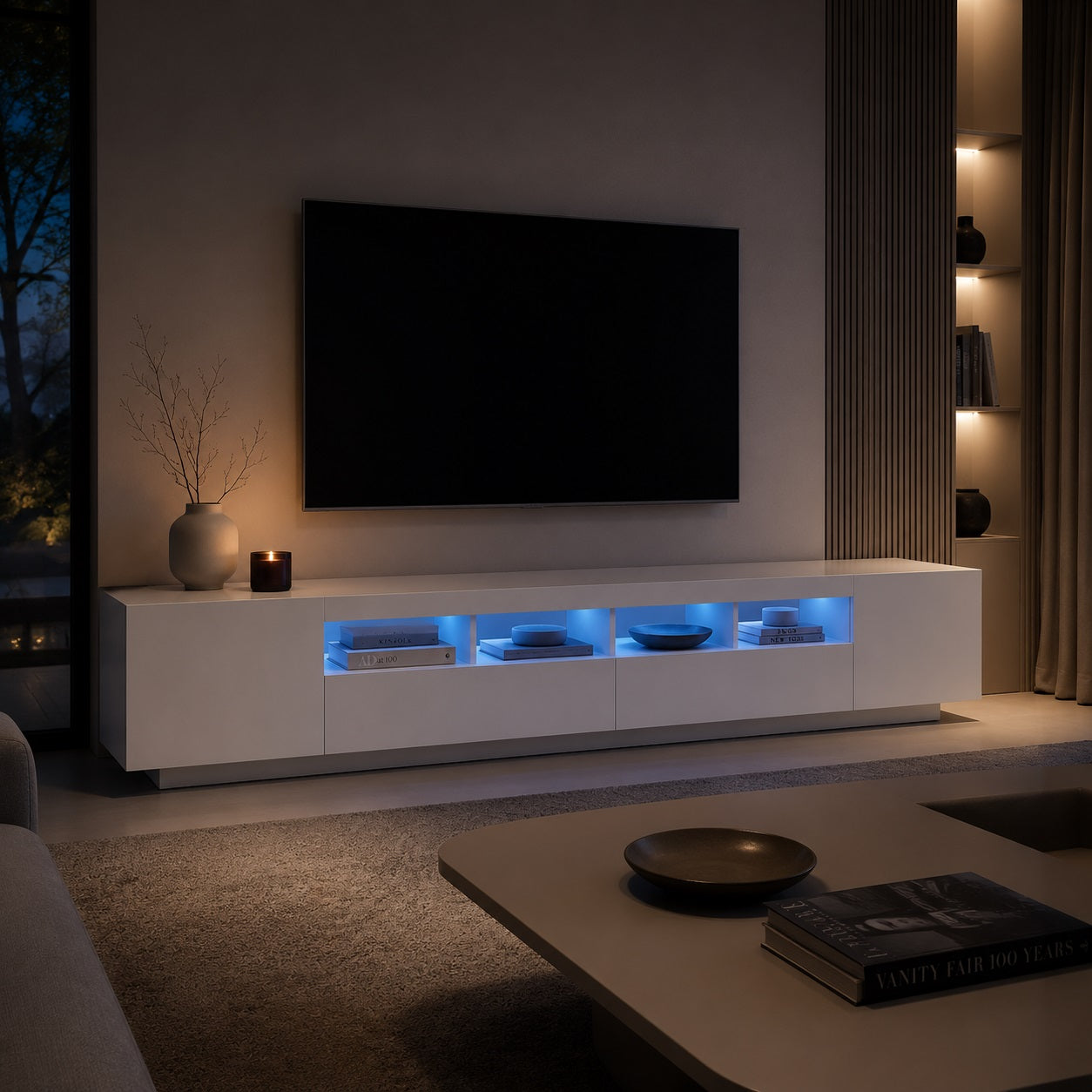 Meuble TV moderne avec LED bleue dans un salon élégant au design contemporain