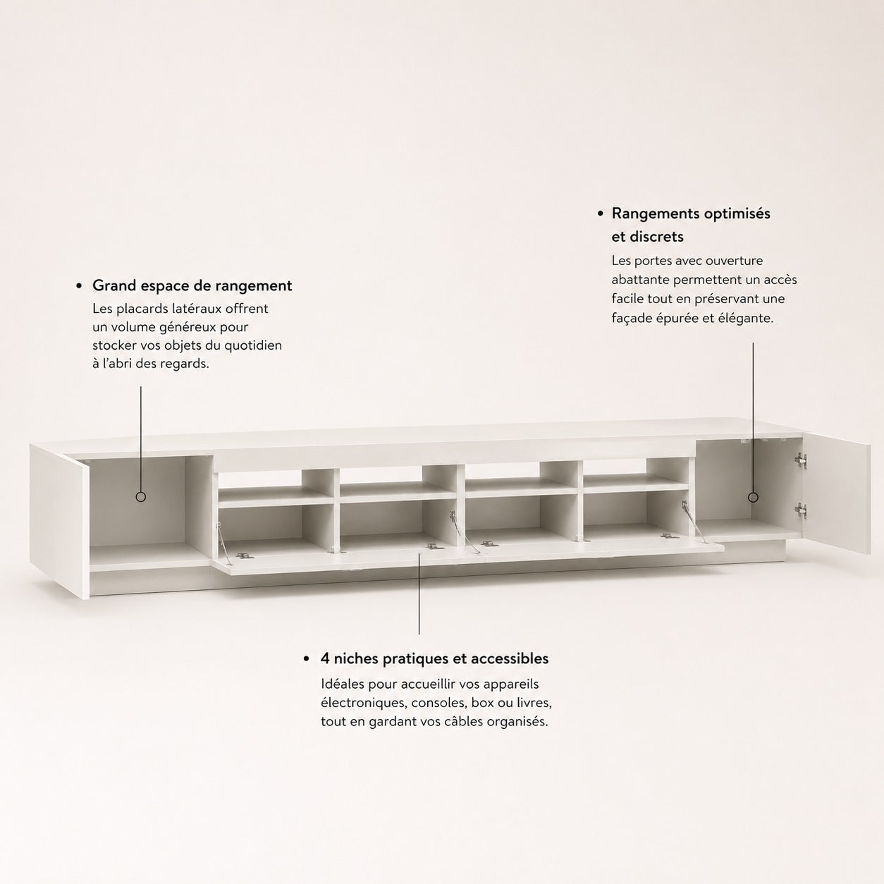 Meuble TV moderne avec LED, niches multimédias et grands rangements fermés intégrés