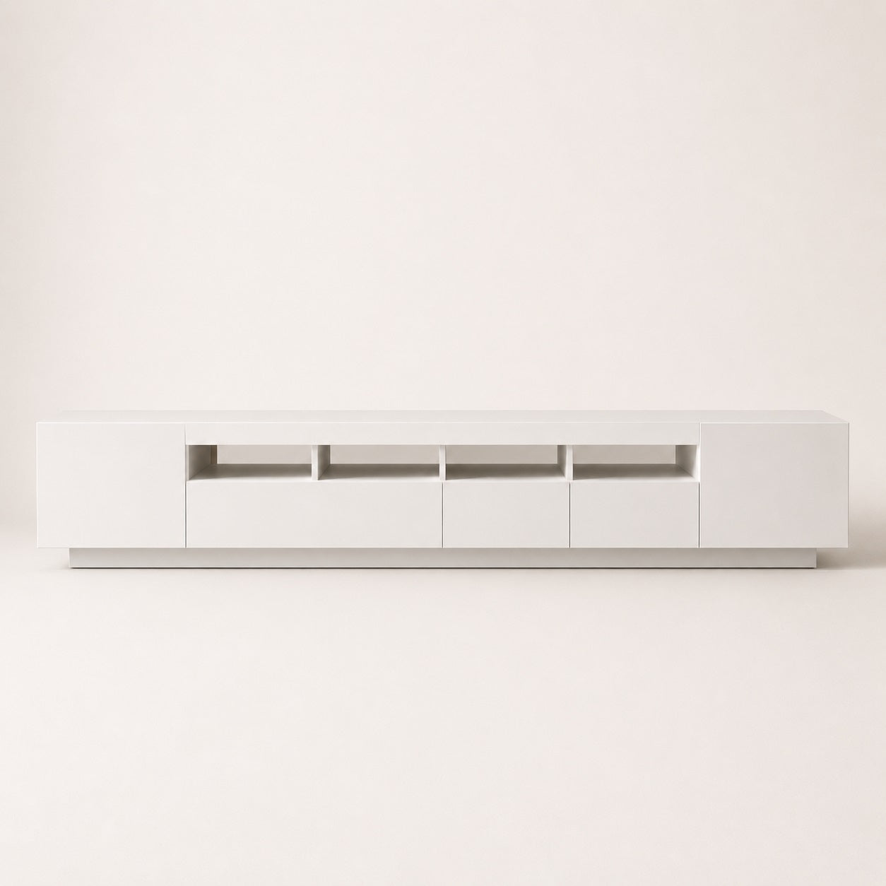 Meuble TV moderne blanc avec LED, 4 niches ouvertes et rangements fermés pratiques