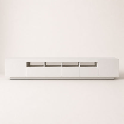 Meuble TV moderne blanc avec LED, 4 niches ouvertes et rangements fermés pratiques