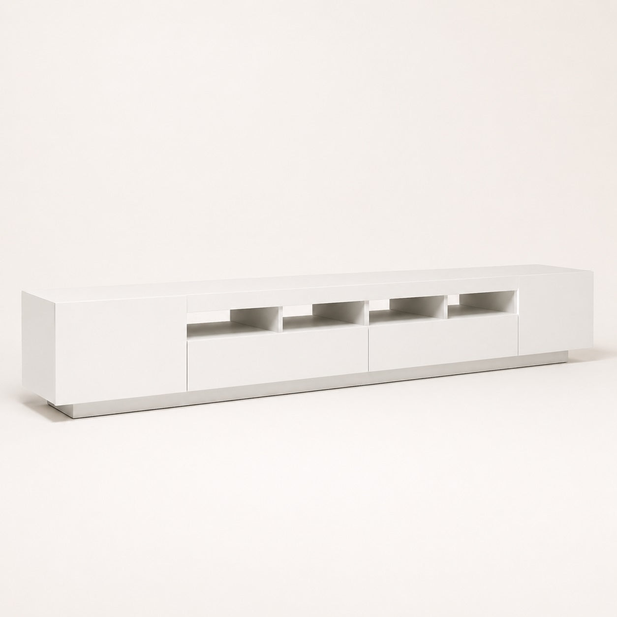 Meuble TV moderne blanc avec LED intégrée, design contemporain et rangements spacieux
