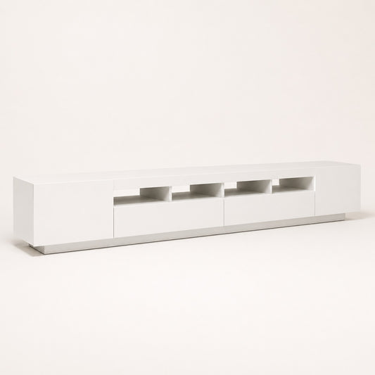 Meuble TV moderne blanc avec LED intégrée, design contemporain et rangements spacieux