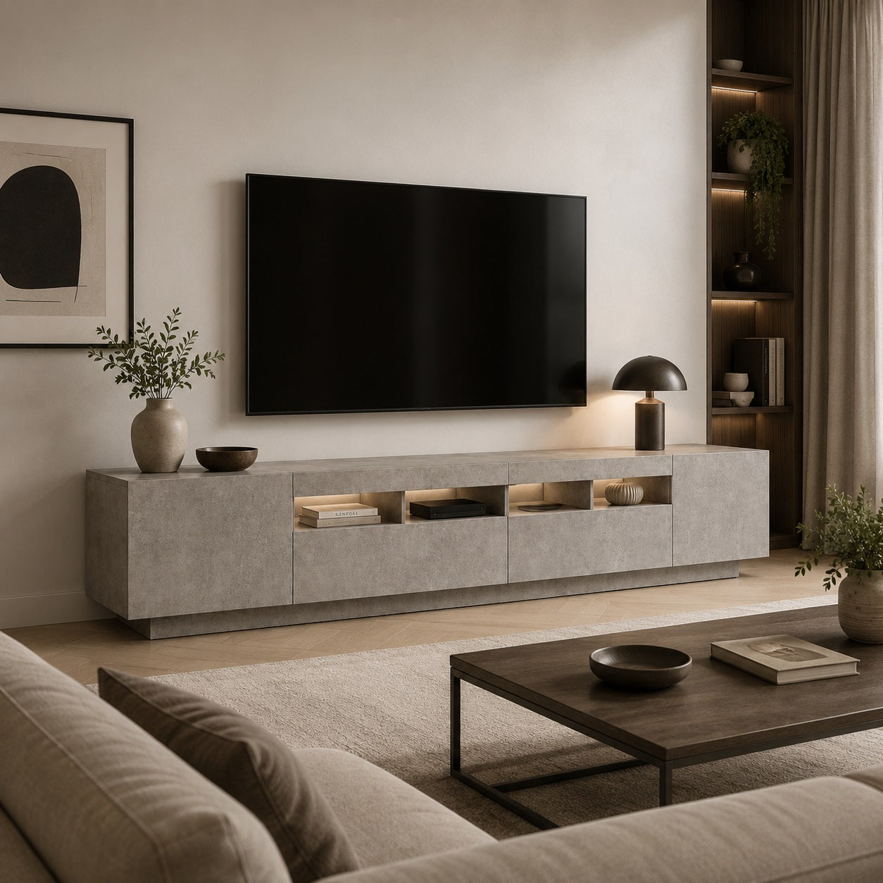 Meuble TV moderne avec LED dans un salon élégant, finition gris béton contemporaine