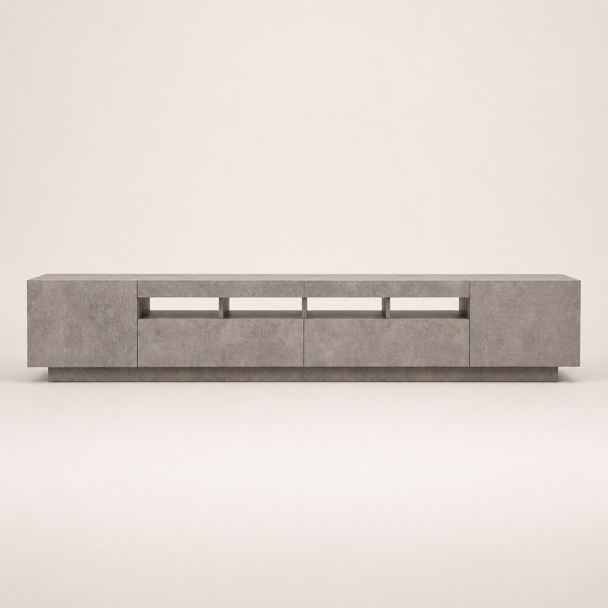 Meuble TV moderne gris avec LED, niches ouvertes et grands espaces de rangement