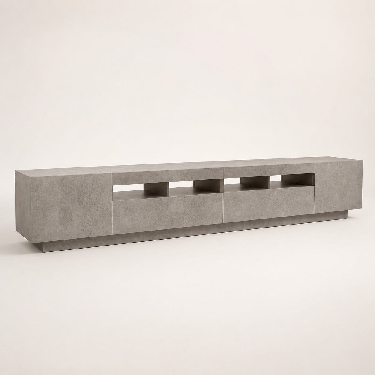 Meuble TV moderne gris effet béton avec LED intégrée et rangements spacieux