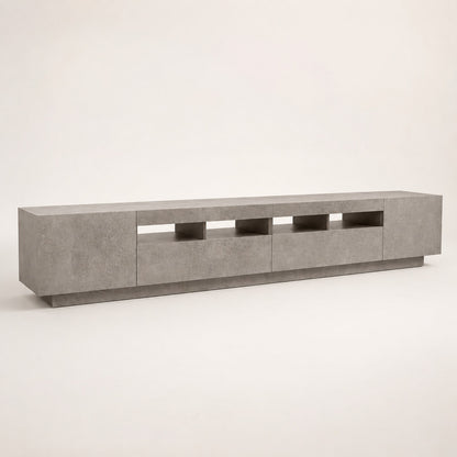 Meuble TV moderne gris effet béton avec LED intégrée et rangements spacieux