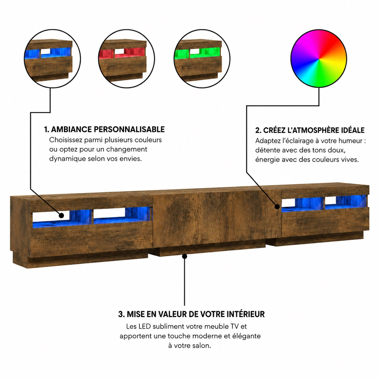 Meuble TV avec LED RGB personnalisable, meuble TV en bois chêne fumé au design moderne et élégant