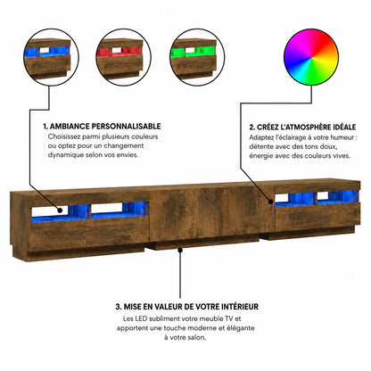 Meuble TV avec LED RGB personnalisable, meuble TV en bois chêne fumé au design moderne et élégant