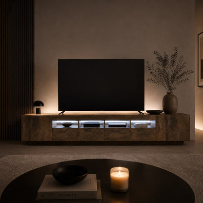 Meuble TV en bois avec LED intégrée, grand format et éclairage d’ambiance contemporain