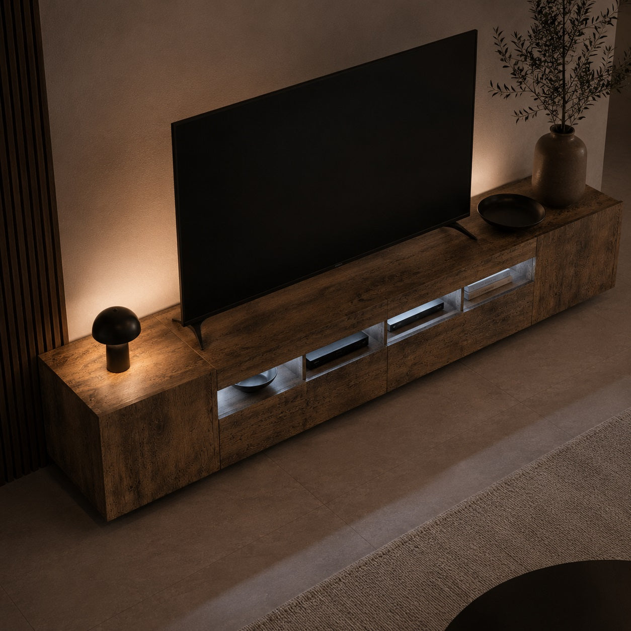 Meuble TV avec LED vu en plongée, rangement spacieux et finition bois chêne fumé