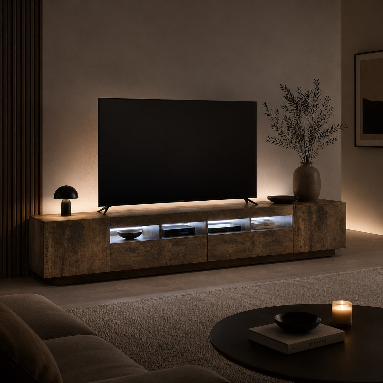Meuble TV avec LED en bois chêne fumé dans un salon moderne à l’ambiance chaleureuse et élégante
