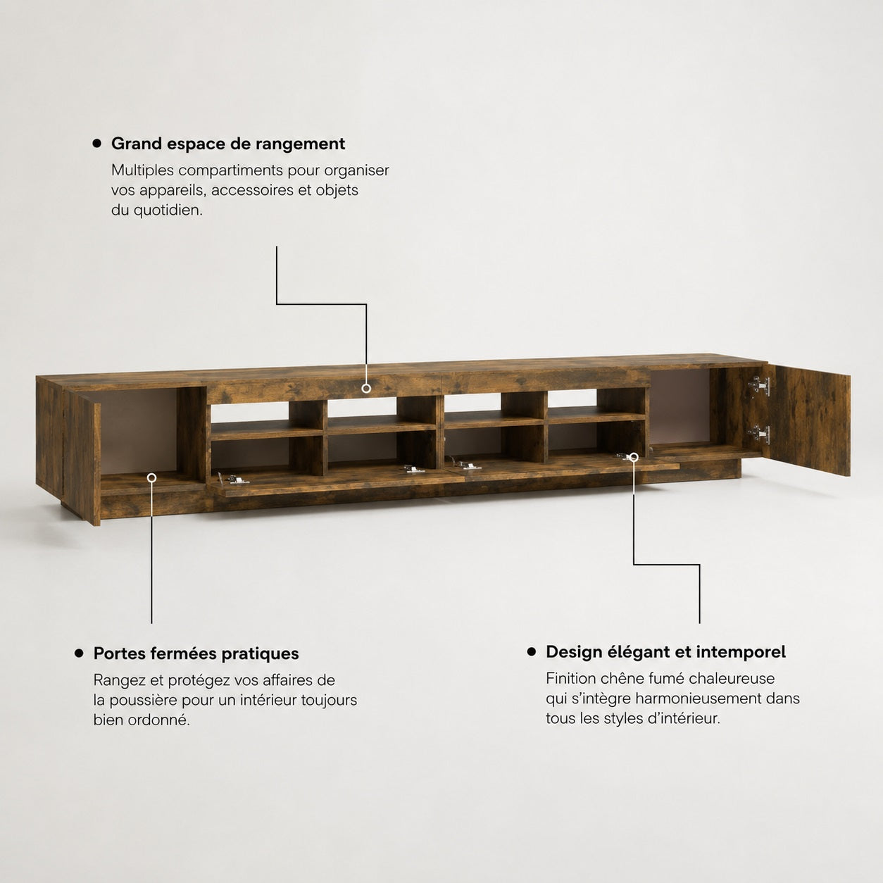 Vue de face du meuble TV en bois avec LED intégrée et finition chêne fumé moderne