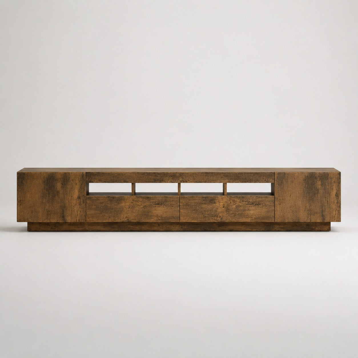 Vue de face du meuble TV en bois  finition chêne fumé moderne