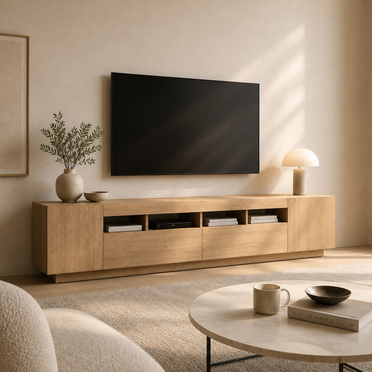 Meuble TV en bois moderne dans un salon lumineux, design minimaliste et rangements pratiques