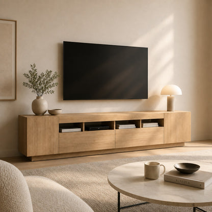 Meuble TV en bois moderne dans un salon lumineux, design minimaliste et rangements pratiques