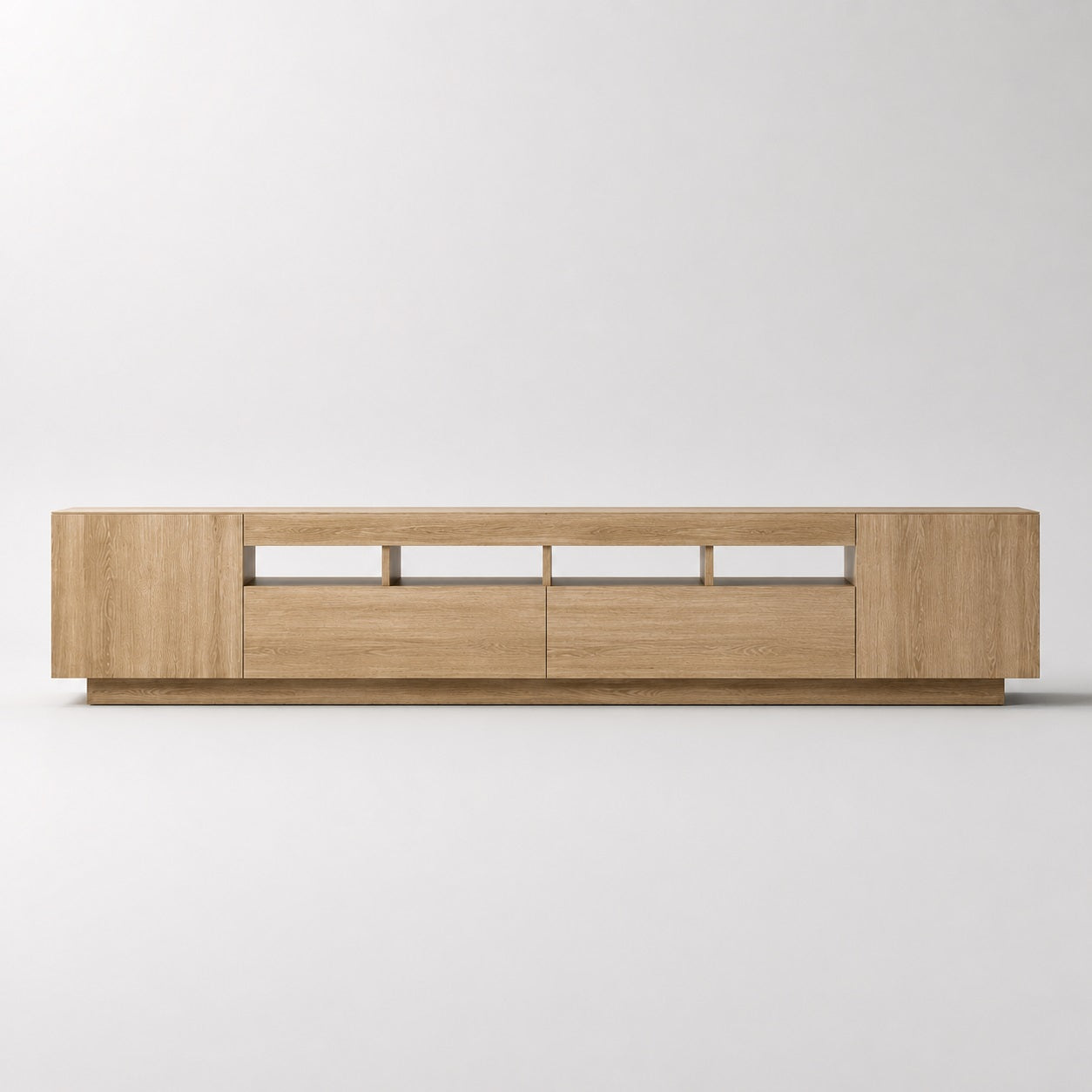 Meuble TV en bois chêne clair avec grands rangements et lignes contemporaines élégantes