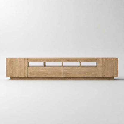 Meuble TV en bois chêne clair avec grands rangements et lignes contemporaines élégantes